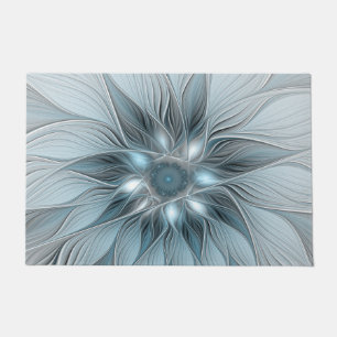 Joyful Flower Abstract Blue Grey Floral Fractal Doormat