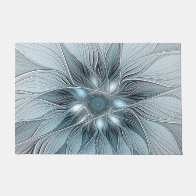 Joyful Flower Abstract Blue Grey Floral Fractal Doormat (Front)