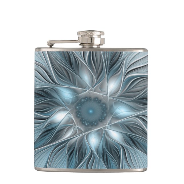 Joyful Flower Abstract Blue Grey Floral Fractal Hip Flask (Front)