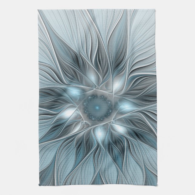 Joyful Flower Abstract Blue Grey Floral Fractal Kitchen Towel (Vertical)