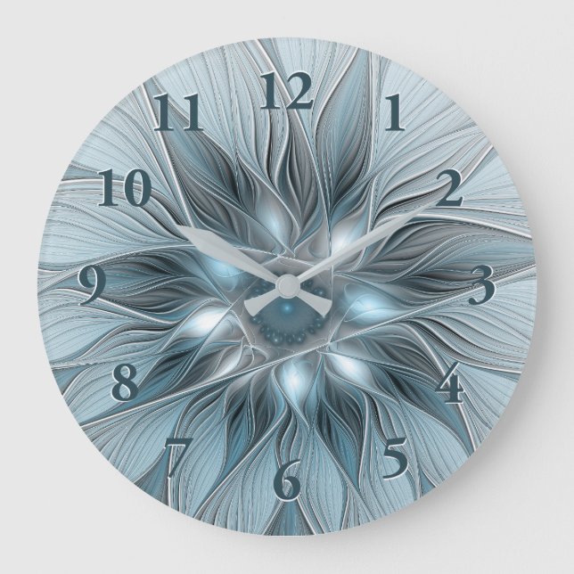 Joyful Flower Abstract Blue Grey Floral Fractal Large Clock (Front)