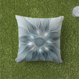 Joyful Flower Abstract Blue Grey Floral Fractal Outdoor Pillow