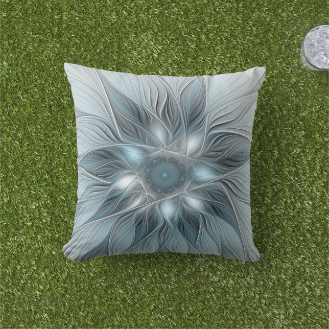 Joyful Flower Abstract Blue Grey Floral Fractal Outdoor Pillow (Grass)