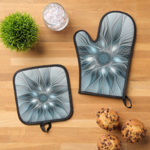 Joyful Flower Abstract Blue Grey Floral Fractal Oven Mitt & Pot Holder Set