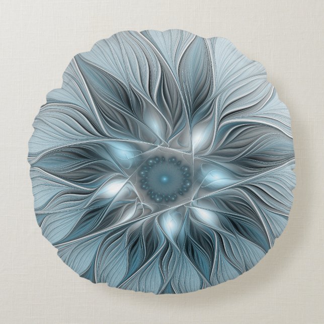 Joyful Flower Abstract Blue Grey Floral Fractal Round Pillow (Front)