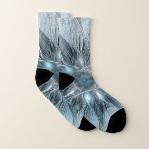 Joyful Flower Abstract Blue Grey Floral Fractal Socks