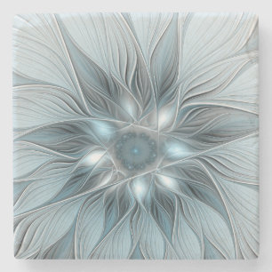 Joyful Flower Abstract Blue Grey Floral Fractal Stone Coaster