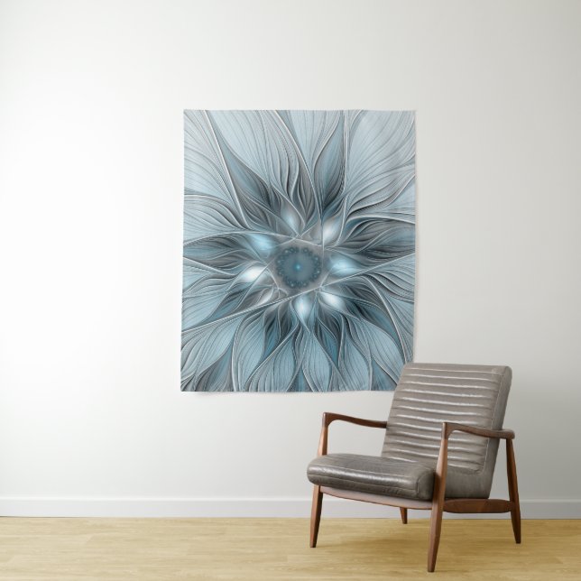 Joyful Flower Abstract Blue Grey Floral Fractal Tapestry (In Situ)