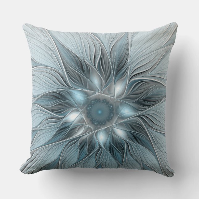 Joyful Flower Abstract Blue Grey Floral Fractal Throw Pillow (Front)