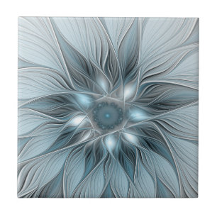 Joyful Flower Abstract Blue Grey Floral Fractal Tile