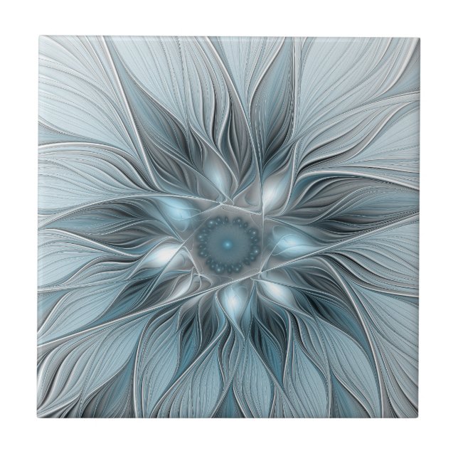 Joyful Flower Abstract Blue Grey Floral Fractal Tile (Front)