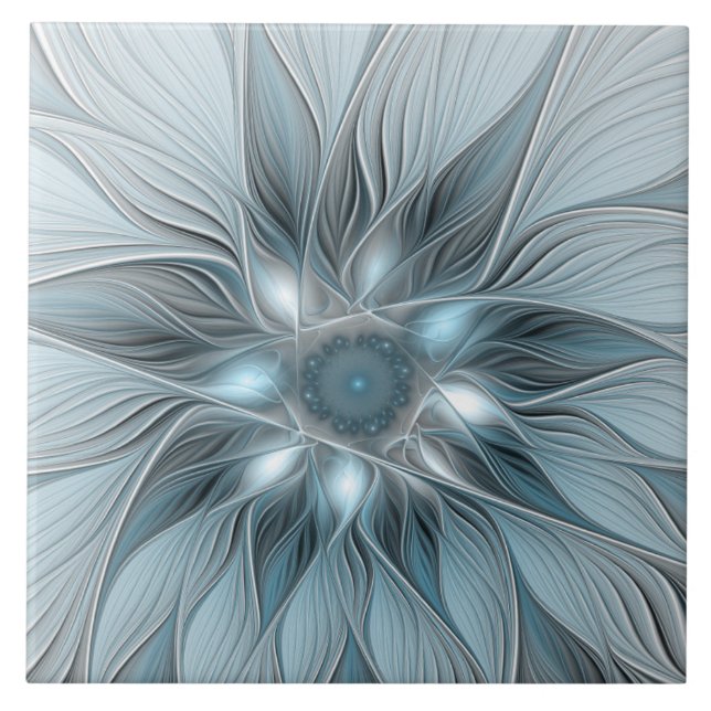 Joyful Flower Abstract Blue Grey Floral Fractal Tile (Front)
