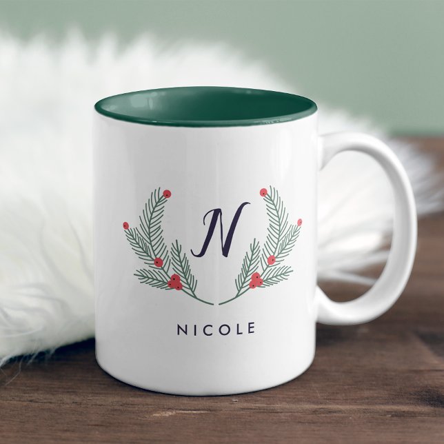 Joyful Foliage Holiday Monogram Two-Tone Coffee Mug (Creator Uploaded)