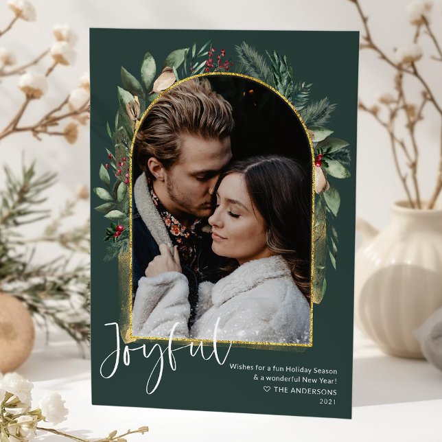 JOYFUL Forest Green Gold Arch & Snow Overlay Photo Holiday Card (Creator Uploaded)