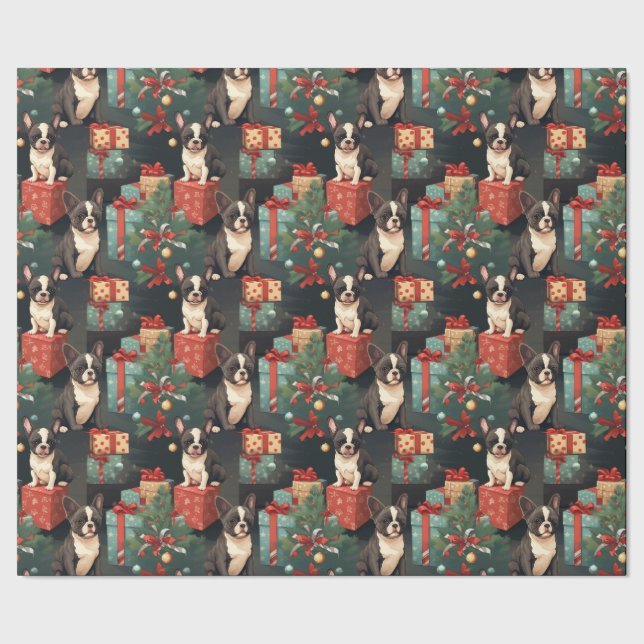Joyful Frenchie Holiday  Wrapping Paper (Seam)