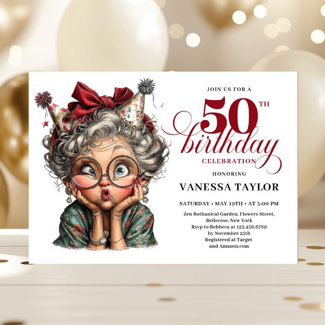 Joyful Funny Lady 50th Birthday Cartoon Humor  Invitation (Joyful Funny Lady 50th Birthday Cartoon Humor Invitation)