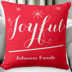 Joyful Gift Script Name Chic Rustic Red Christmas Throw Pillow