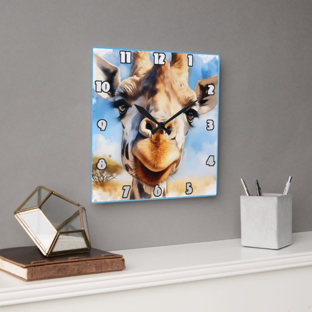 Joyful giraffe encounters the sunlight in Africa Square Wall Clock (Office)