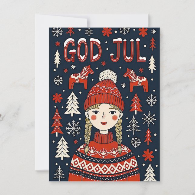 Joyful Girl In Red Sweater Holiday Card (Front)