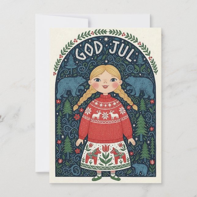 Joyful Girl In Red Sweater Holiday Card (Front)