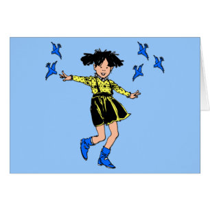 Joyful girl with bluebirds