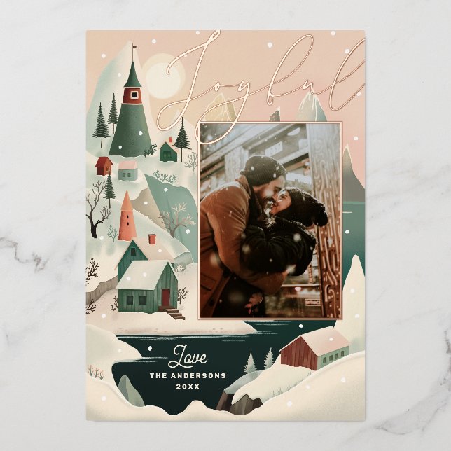 Joyful Gold Christmas | Mountain Village Photo Foil Holiday Card (Front)