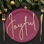 JOYFUL Gold Faux Foil Cranberry Christmas Paper Plate<br><div class="desc">Joyful in a faux gold foil script on these cranberry paper plates in 2 sizes,  are stylish for any Christmas holiday occasion or give as a hostess gift. MATCHING items in our store.</div>