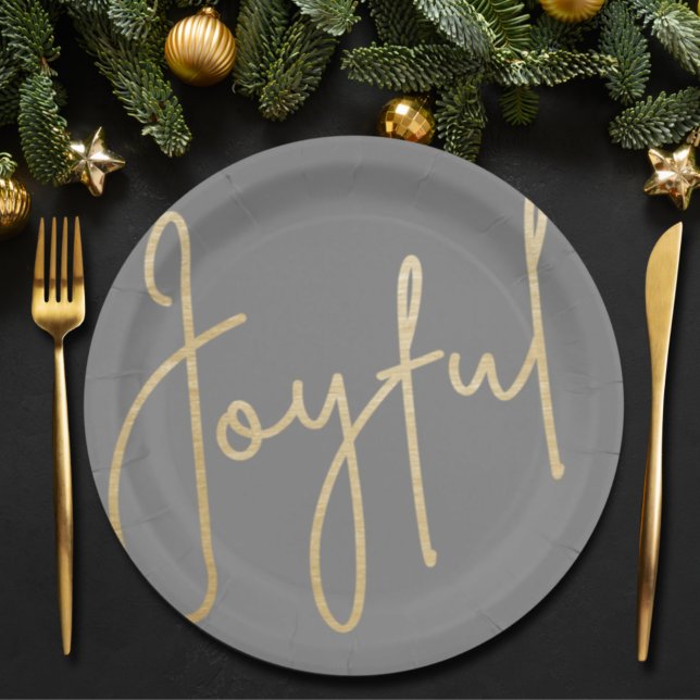 JOYFUL Gold Faux Foil Grey Christmas Paper Plate (Creator Uploaded)