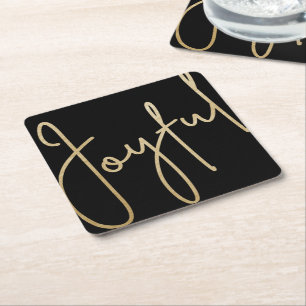 JOYFUL Gold Faux Foil on Black Square Paper Coaster