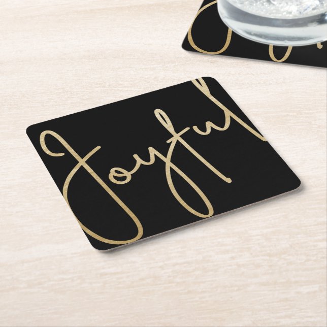 JOYFUL Gold Faux Foil on Black Square Paper Coaster (Angled)