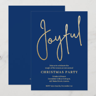 JOYFUL Gold Faux Foil on Blue Christmas Party Invitation
