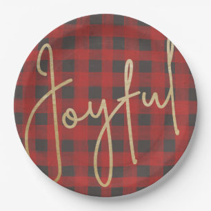 JOYFUL Gold Faux Foil on Buffalo Plaid Paper Plate