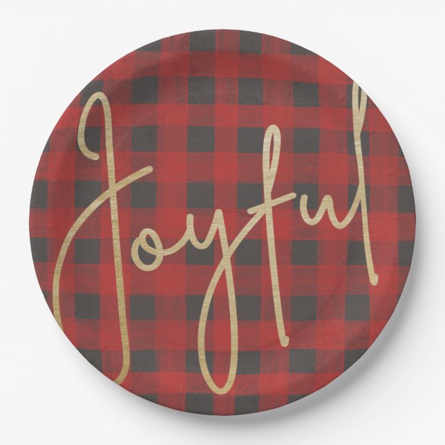 JOYFUL Gold Faux Foil on Buffalo Plaid Paper Plate (Front)