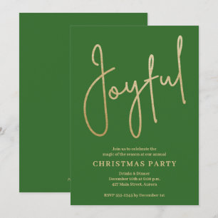 JOYFUL Gold Faux Foil on Green Christmas Party Invitation