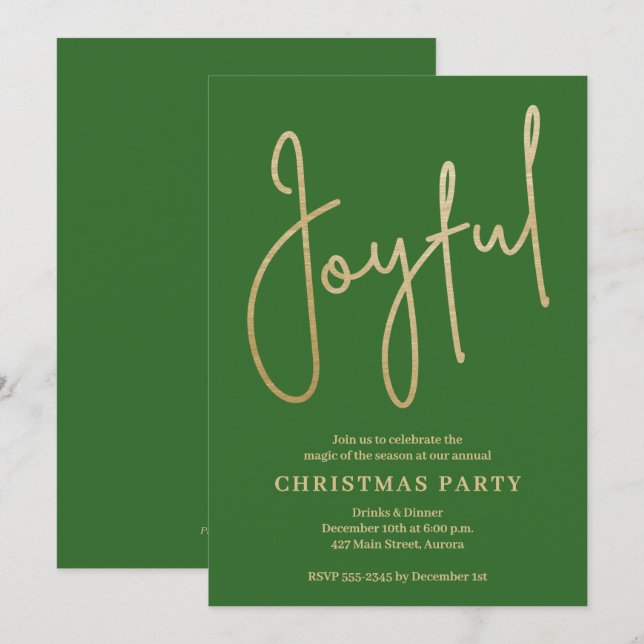 JOYFUL Gold Faux Foil on Green Christmas Party Invitation (Front/Back)