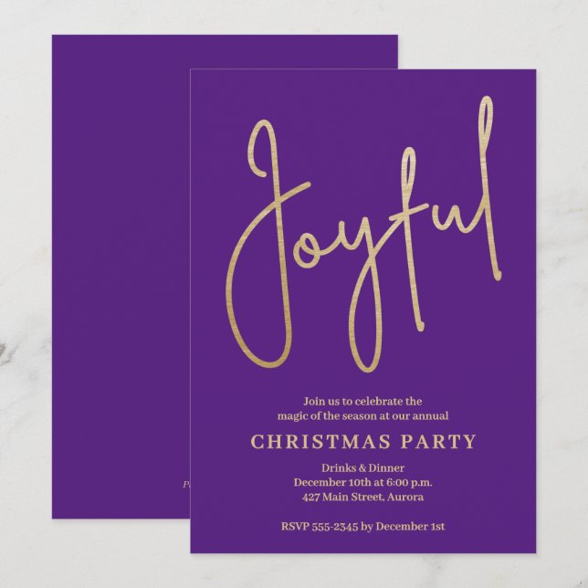 JOYFUL Gold Faux Foil on Purple Christmas Party Invitation (Front/Back)