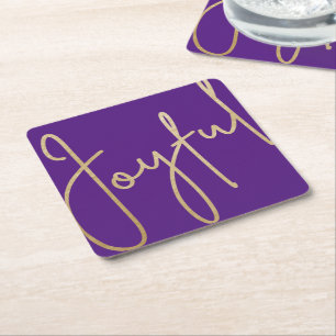 JOYFUL Gold Faux Foil on Purple Square Paper Coaster