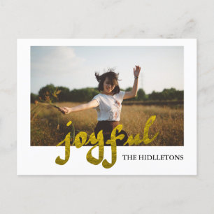 Joyful Gold Foil Modern Holiday Typography Photo Postcard