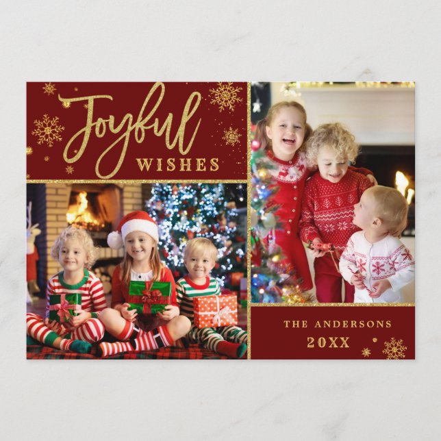 Joyful Gold Frame Christmas 2 PHOTO Greeting Holiday Card (Front)