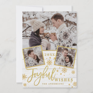 Joyful Gold Frame Modern Script 3 PHOTO Greeting Holiday Card