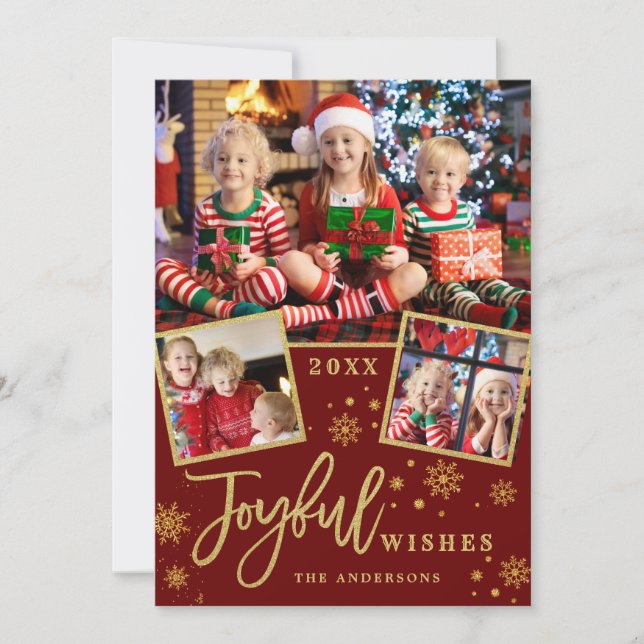 Joyful Gold Frame Modern Script 3 PHOTO Greeting Holiday Card (Front)