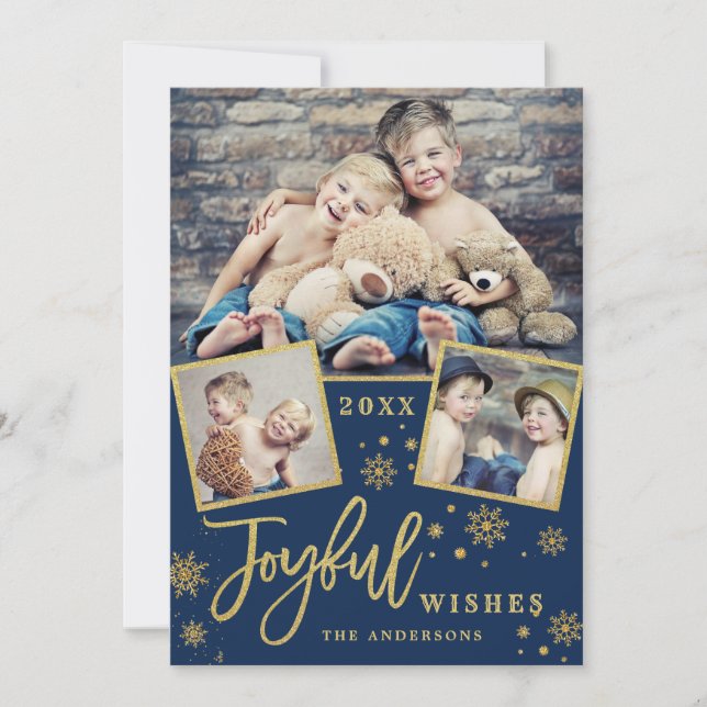 Joyful Gold Frame Modern Script 3 PHOTO Greeting Holiday Card (Front)