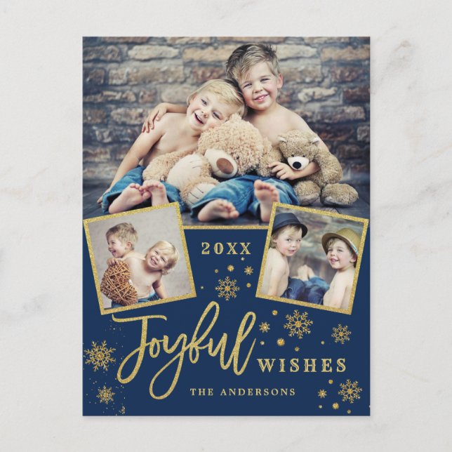 Joyful Gold Frame Modern Script 3 PHOTO Greeting Postcard (Front)