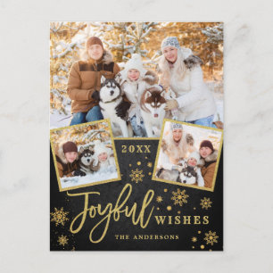 Joyful Gold Frame Modern Script 3 PHOTO Greeting Postcard