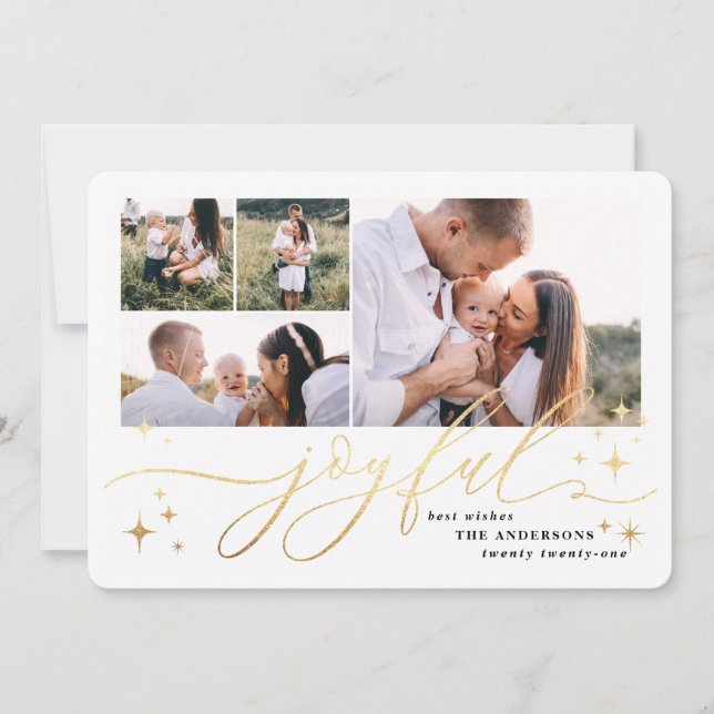 Joyful gold multi photo christmas card (Front)