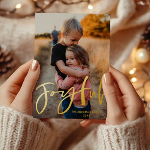 Joyful Gold Script Foil Photo Christmas Foil Holid Holiday Postcard