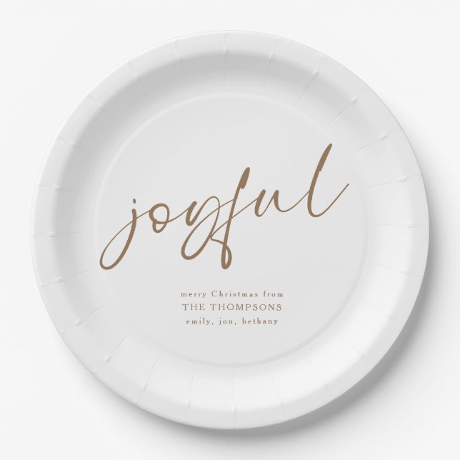 Joyful Gold Script Name Merry Christmas White Paper Plate (Front)