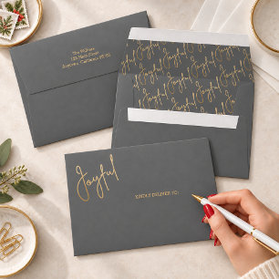 JOYFUL Gold Script on Black Christmas Envelope