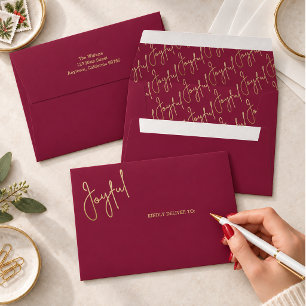JOYFUL Gold Script on Cranberry Christmas Envelope