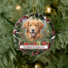 Joyful Golden Retriever, Personalized Christmas Ceramic Ornament